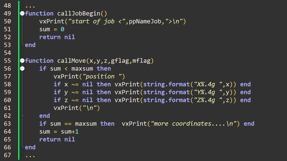 The illustration shows a section of the Lua script code of a VxCraft postprocessor.