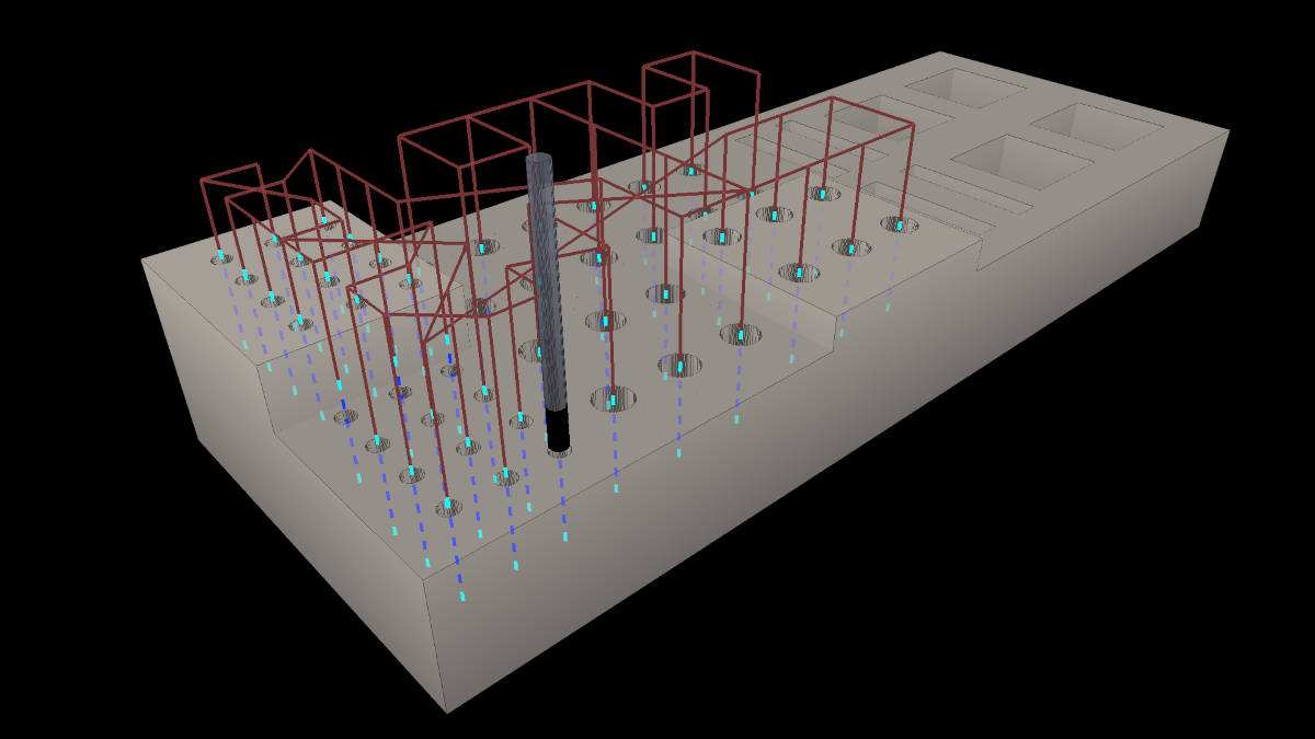 3D model of a block with numerous drill holes and tool paths for drilling.