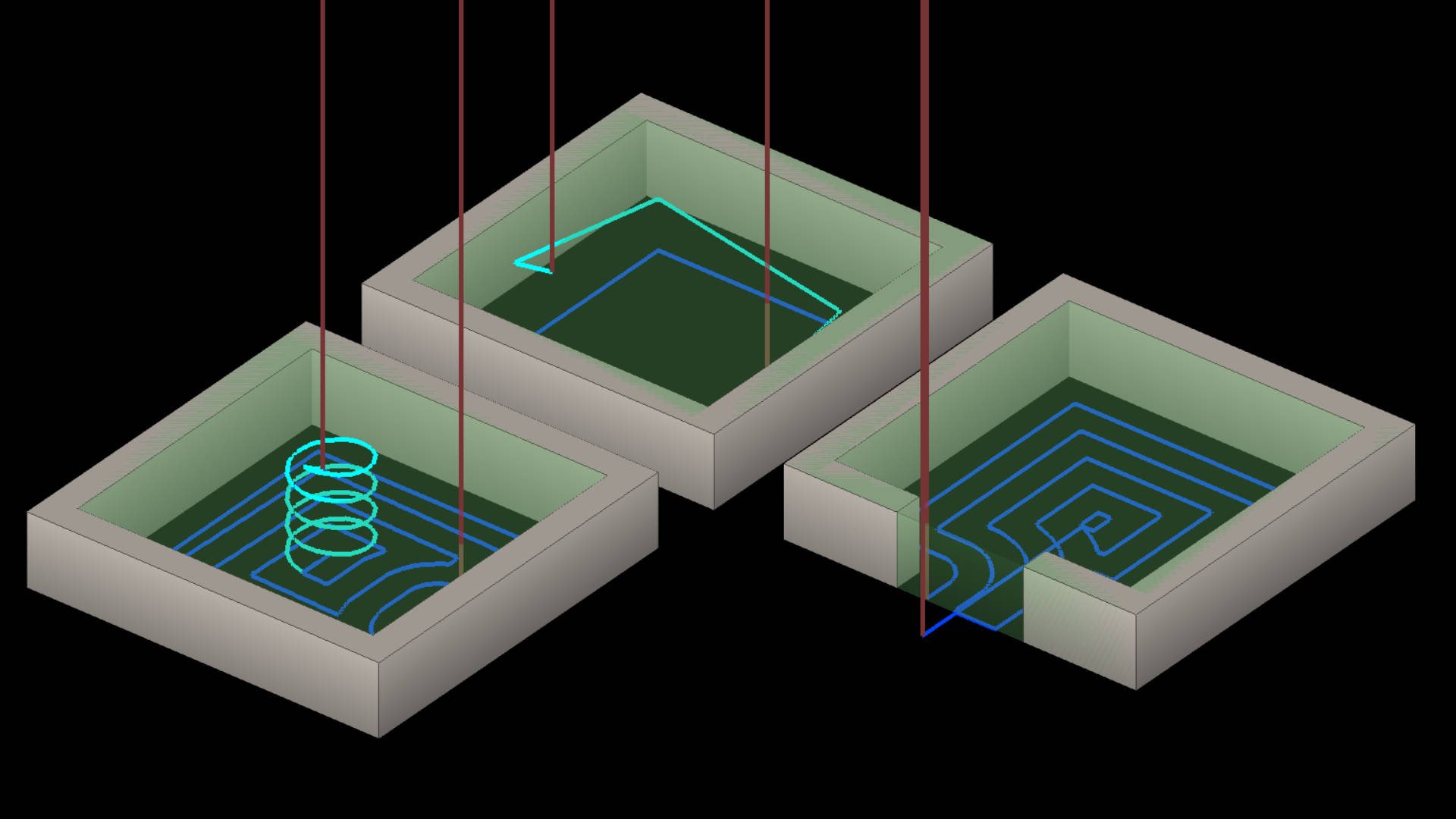 Three illustrations: 1.toolpath with spiral-shaped plunge ramp; 2.toolpath plunges ramp-like; 3.toolpath plunges laterally outside the workpiece.